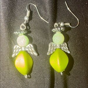 Lime Green and Silver Angel Earrings